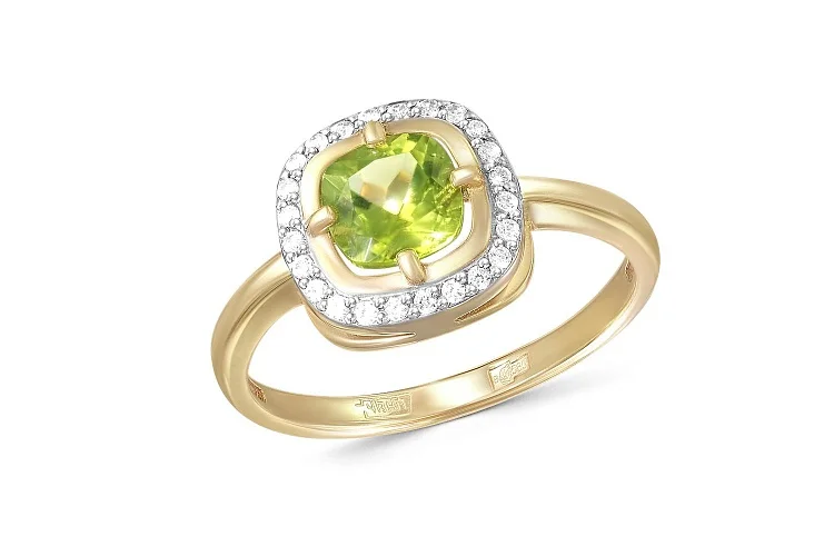 Кольцо из жёлтого золота с хризолитом и 24 фианитами