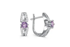Серьги из белого золота с 2 аметистами и 32 фианитами
