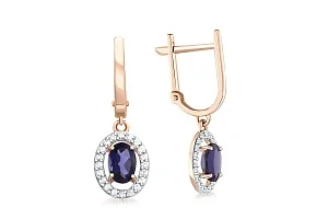 Серьги из красного золота с 2 иолитами и 40 фианитами