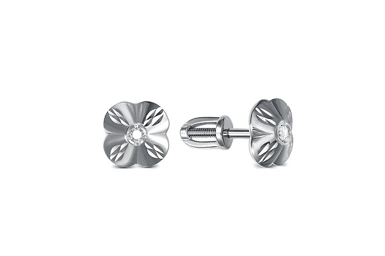 Серьги-пусеты Цветы из белого золота с 2 фианитами