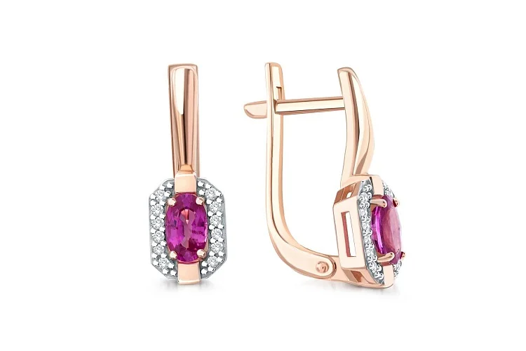 Серьги из красного золота с 2 рубинами и 20 бриллиантами