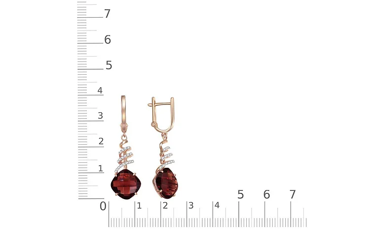 Серьги из красного золота с 2 гранатами и 36 фианитами