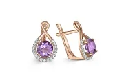 Серьги из красного золота с 2 аметистами и 34 фианитами
