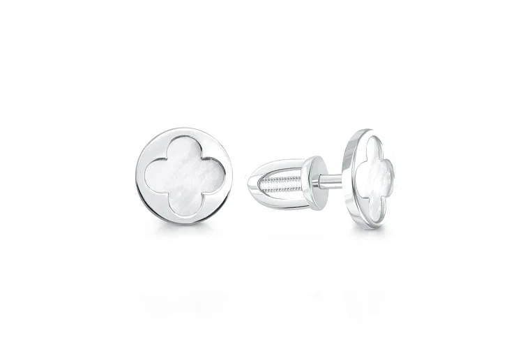 Серьги-пусеты Клевер из белого золота с перламутром