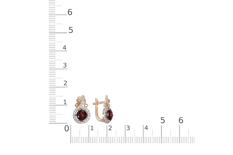 Серьги из красного золота с 2 гранатами и 44 фианитами