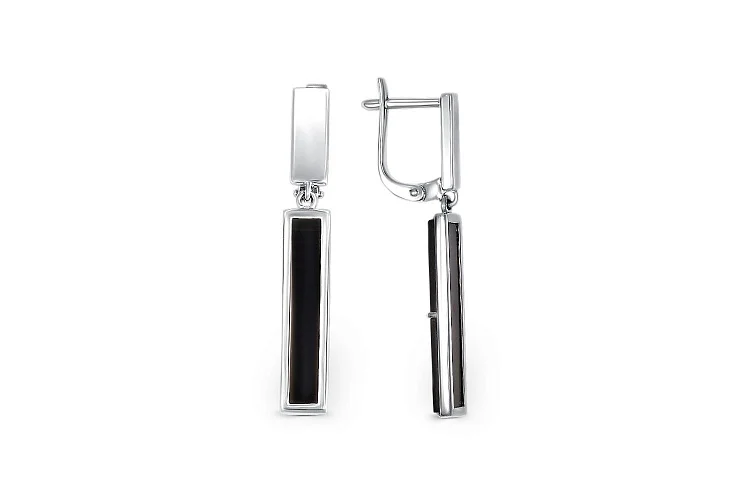 Серьги Прямоугольники из белого золота с 2 ониксами
