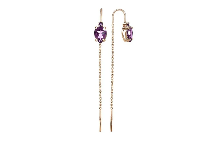 Серьги-продёвки из красного золота с 4 аметистами
