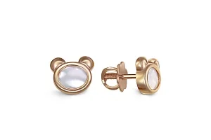Детские серьги-пусеты Мишки из красного золота с перламутром