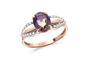 Кольцо из красного золота с кварцем и 22 фианитами