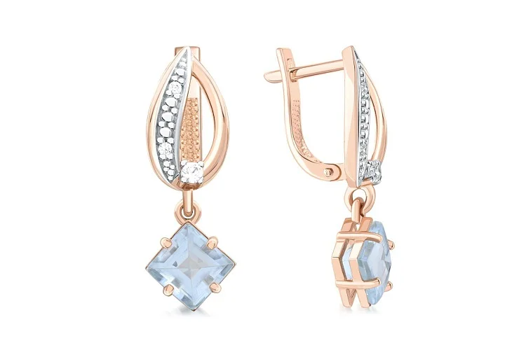 Серьги из красного золота с 2 топазами sky и 6 фианитами