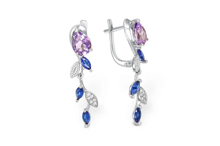 Серьги Веточки из белого золота с 2 аметистами и 18 фианитами