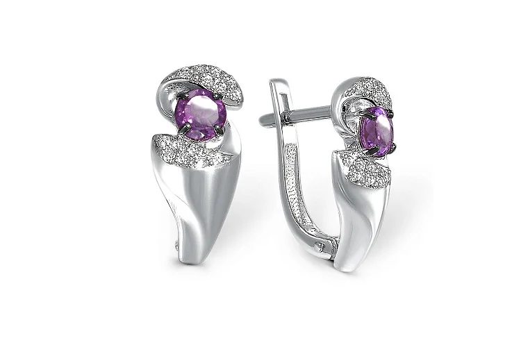 Серьги из белого золота с 2 аметистами и 28 бриллиантами