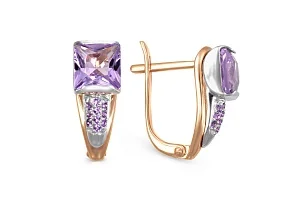 Серьги из красного золота с 2 аметистами и 20 фианитами