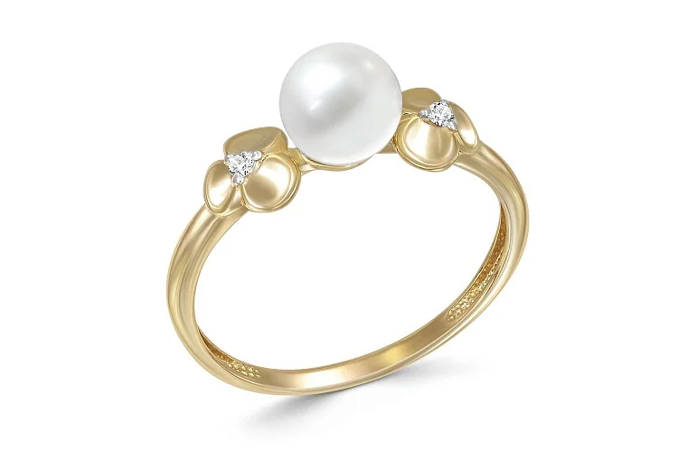 Кольцо Цветок из жёлтого золота с жемчугом и 2 фианитами