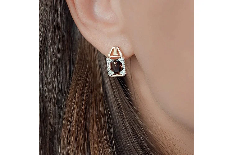 Серьги из красного золота с 2 раухтопазами и 40 фианитами