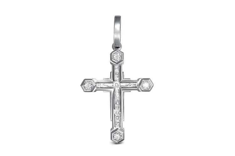 Крест из белого золота с 4 фианитами