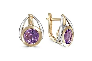 Серьги из жёлтого золота с 2 аметистами и 36 фианитами