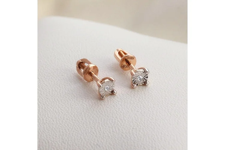 Серьги-пусеты из красного золота с 2 бриллиантами