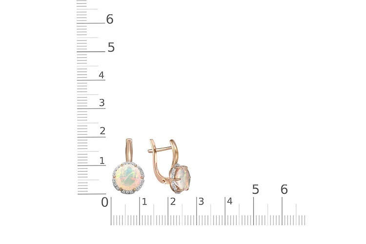 Серьги из красного золота с 2 опалами и 36 фианитами