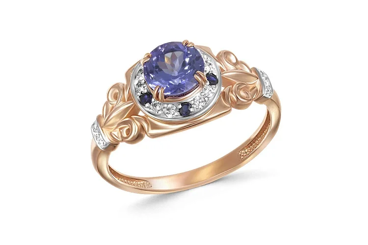 Кольцо из красного золота с танзанитом, бриллиантами и сапфирами