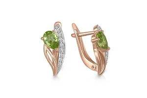 Серьги из красного золота с 2 хризолитами и 16 фианитами