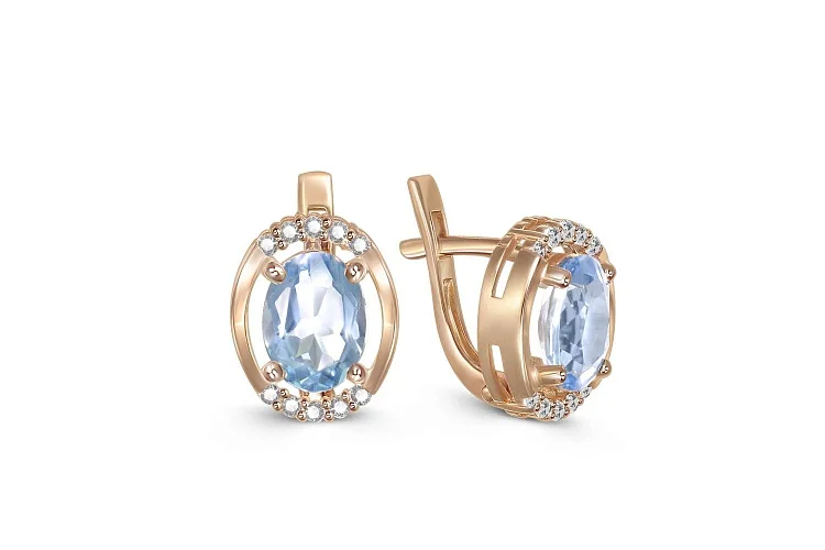 Серьги из красного золота с 2 топазами sky и 20 фианитами