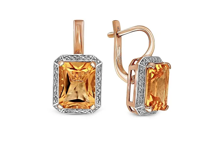 Серьги из красного золота с 2 цитринами и 52 фианитами