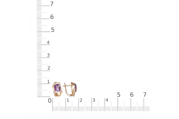 Серьги из красного золота с 2 аметистами и 8 фианитами