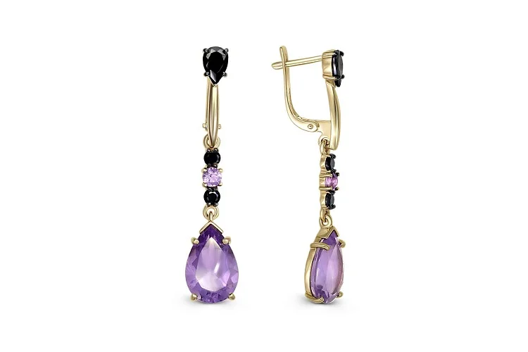 Серьги из жёлтого золота с 4 аметистами и 6 фианитами