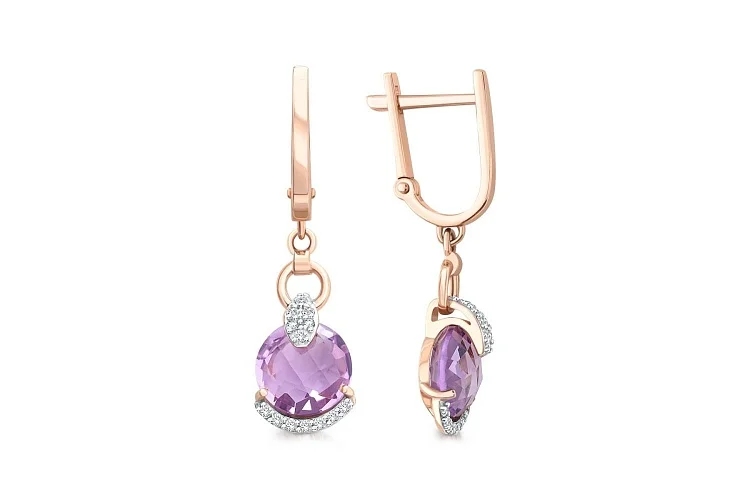 Серьги из красного золота с 2 аметистами и 28 фианитами