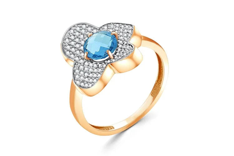 Кольцо Цветок из красного золота с топазом swiss и 93 фианитами