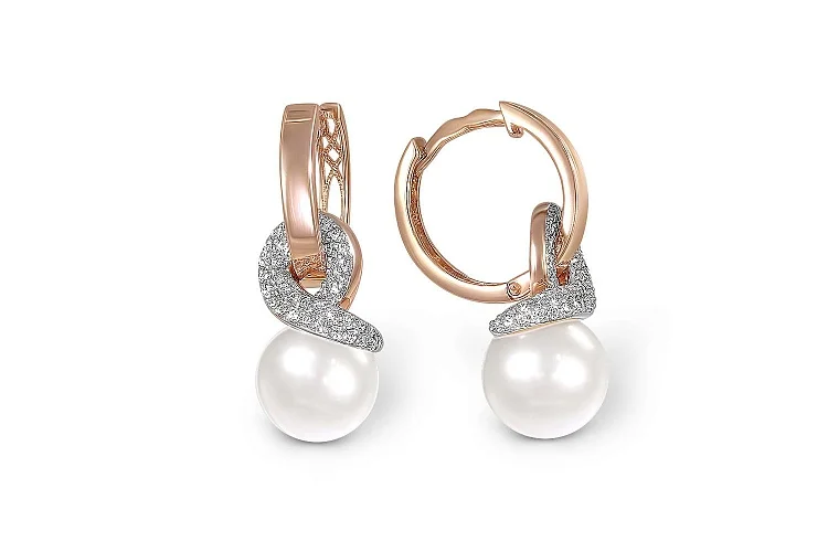 Серьги-трансформеры из красного золота с 2 жемчужинами и 86 фианитами