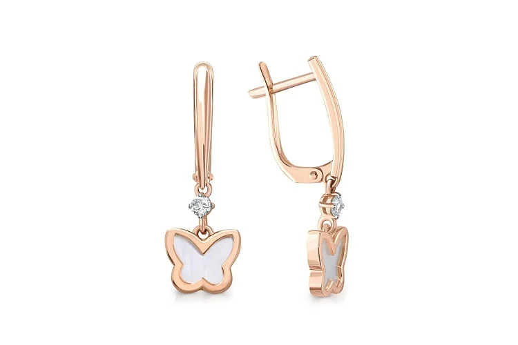 Серьги Бабочки из красного золота с перламутром и 2 фианитами