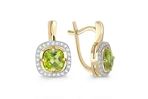Серьги из жёлтого золота с 2 хризолитами и 48 фианитами