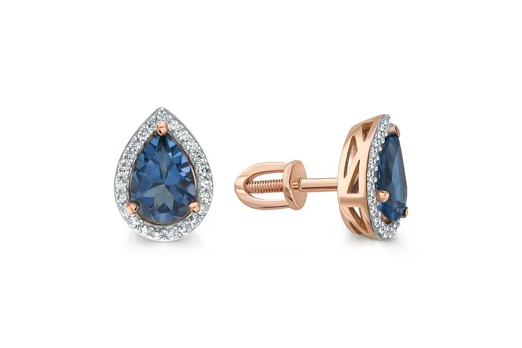 Серьги-пусеты из красного золота с 2 топазами лондон и 46 фианитами