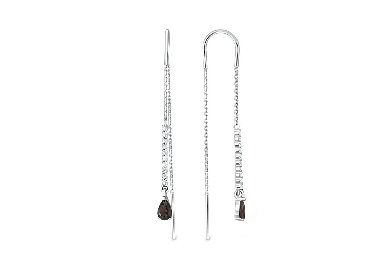 Серьги-продёвки Дорожки из белого золота с 2 раухтопазами и 20 фианитами