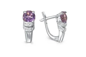 Серьги из белого золота с 2 аметистами и 14 фианитами