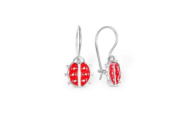 Детские серьги Божьи коровки из белого золота без вставок