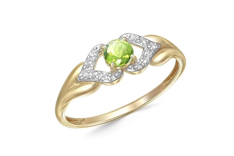 Кольцо из жёлтого золота с хризолитом и 10 фианитами