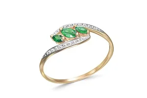 Кольцо из жёлтого золота с 3 изумрудами и 16 бриллиантами