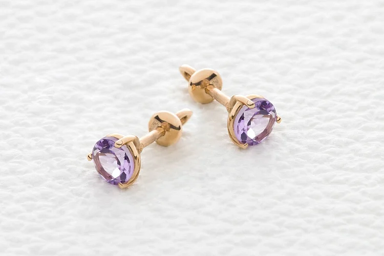 Серьги-пусеты из красного золота с 2 аметистами