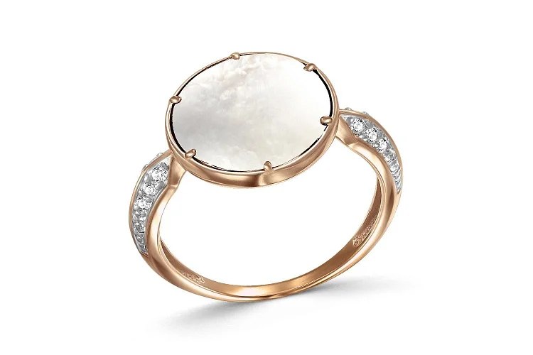 Кольцо из красного золота с перламутром и 20 фианитами
