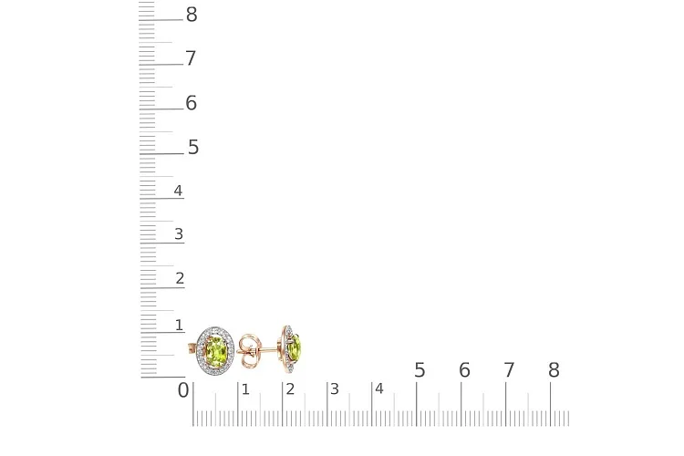 Серьги-пусеты из красного золота с 2 хризолитами и 40 фианитами