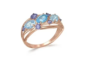 Кольцо из красного золота с топазами sky, топазом swiss и фианитами