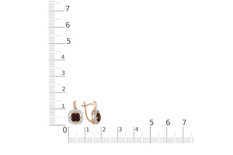 Серьги из красного золота с 2 гранатами и 48 фианитами