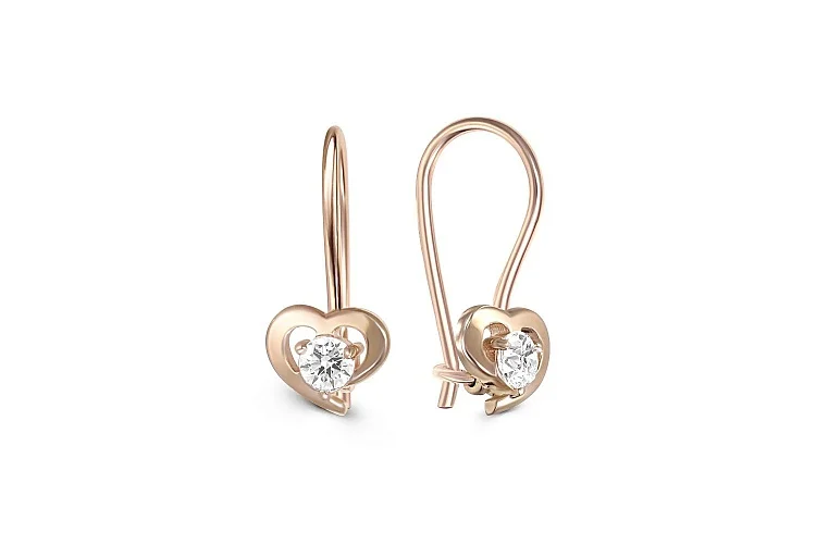 Детские серьги Сердца из красного золота с 2 фианитами