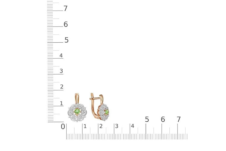 Серьги Цветы из красного золота с 2 хризолитами и 48 фианитами