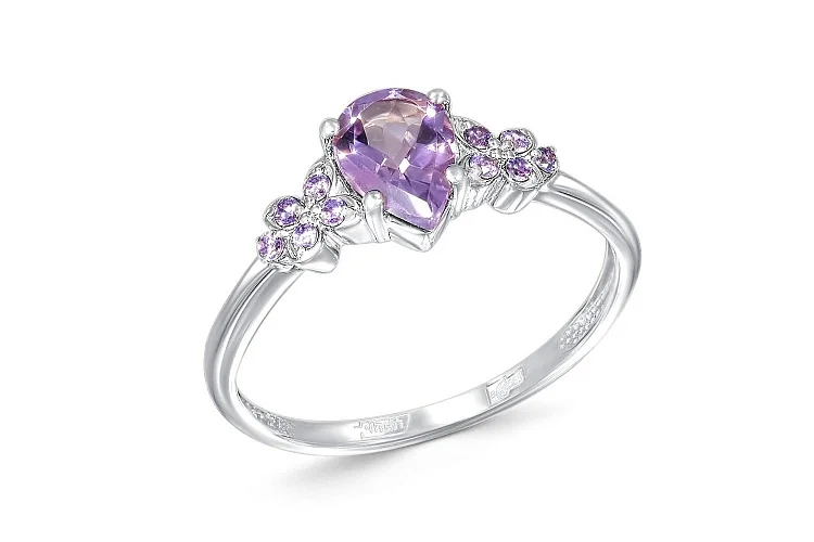 Кольцо Цветок из белого золота с аметистом и 10 фианитами