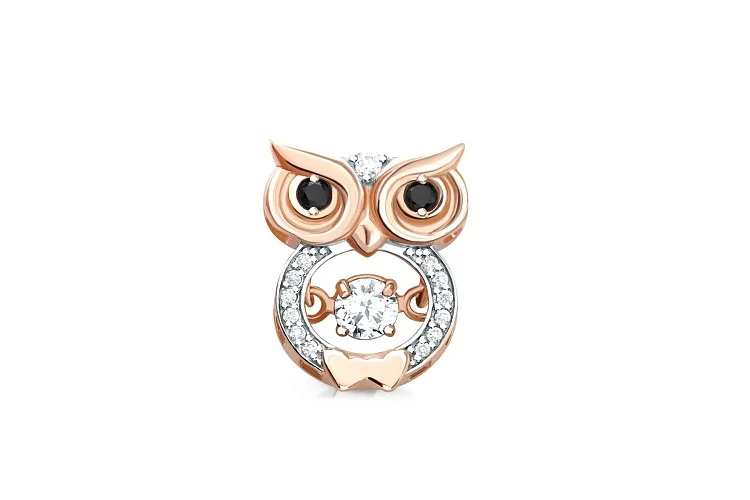 Подвеска Сова из красного золота с 14 муассанитами и 2 бриллиантами
