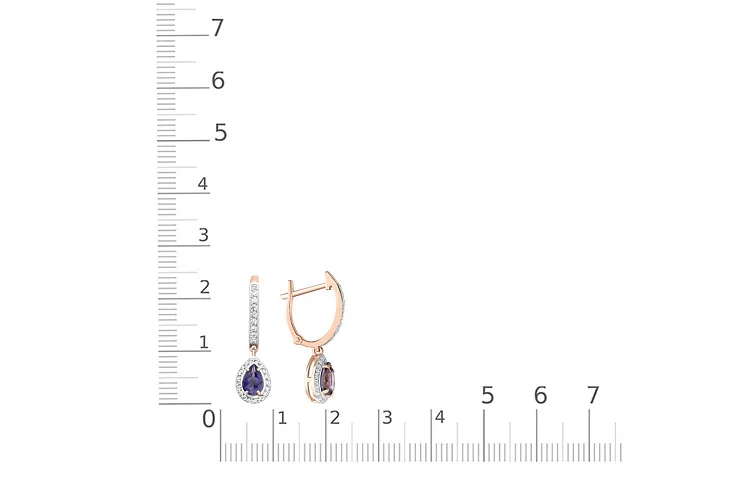 Серьги из красного золота с 2 иолитами и 54 фианитами